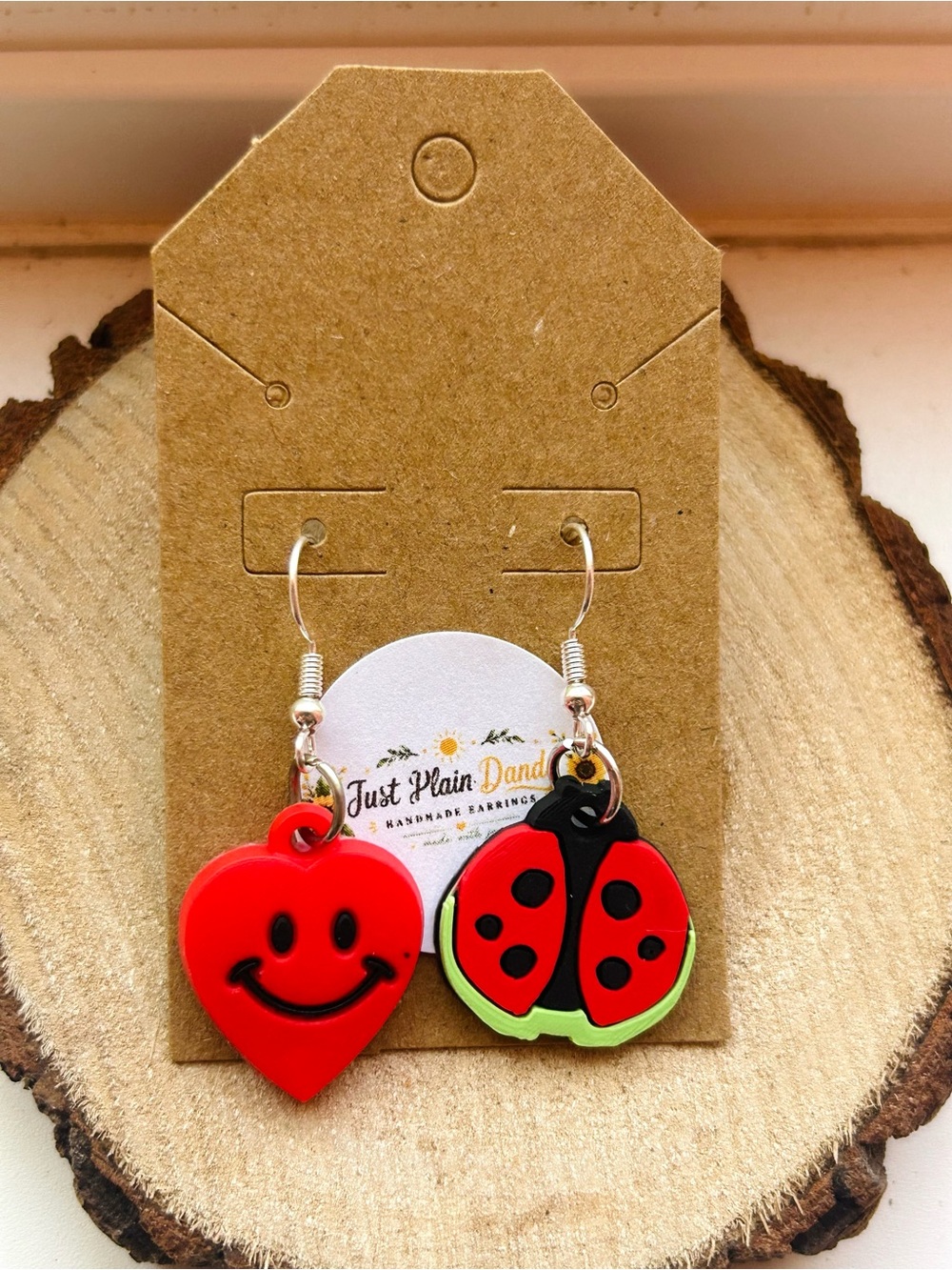 Mismatched Smiley Heart & Ladybug Earrings Handmade Cute Cottagecore Jewelry